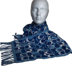 Coach Blues Monogram 100% Merino Wool Oversized‎ Scarf Muffler with fringe